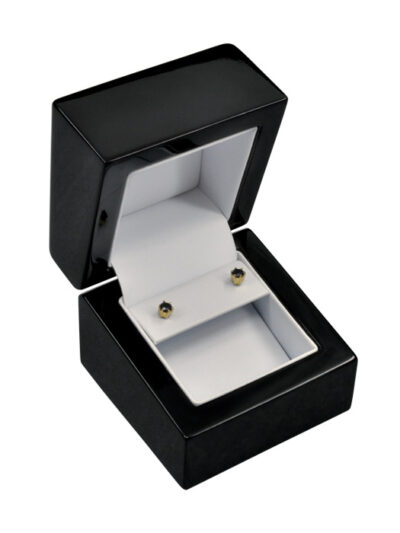 Black huggie earring with gloss timber outer and leatherette inner and comes with packer and size of 60 x 60 x 55